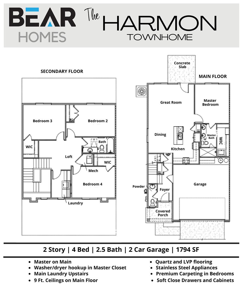 The Harmon townhome floor plan layout showing 4 bedrooms, 2.5 bathrooms and master on main