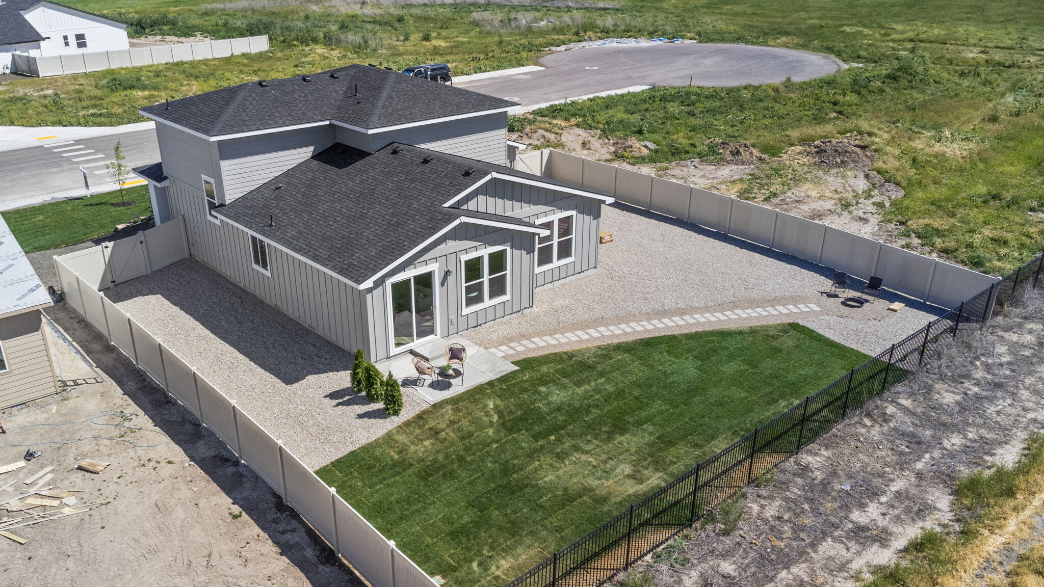 Aerial view of a Bear Homes home and yard in the Harvest Creek community