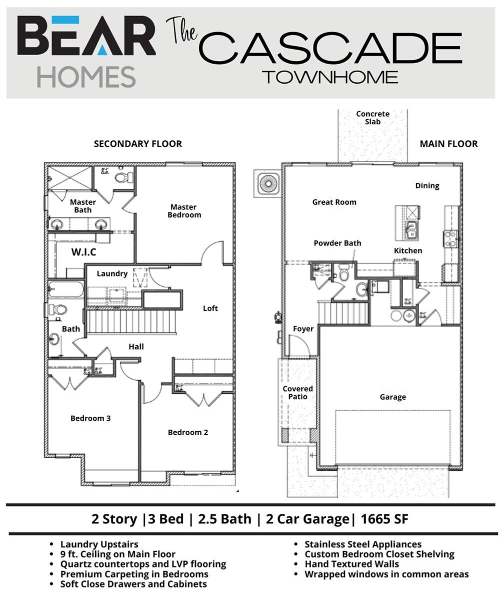 The Cascade townhome floor plan layout showing 3 bedrooms and 2.5 bathrooms